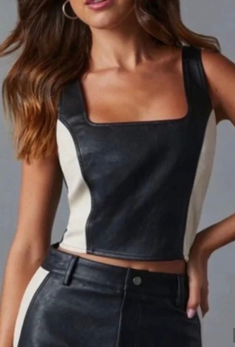Vici Faux Leather Cream & Black Set Top-Small Skirt-Medium